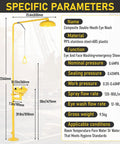 Heavy Duty Emergency Shower And Eye Wash Station With Adjustable Water Pressure Built In Filter Splash Resistant Column Flow 92 Inch Tall Stainless Steel With Yellow Coating And Emergency Sign shown with specifications.