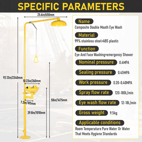 Heavy Duty Emergency Shower And Eye Wash Station With Adjustable Water Pressure Built In Filter Splash Resistant Column Flow 92 Inch Tall Stainless Steel With Yellow Coating And Emergency Sign shown with specifications.