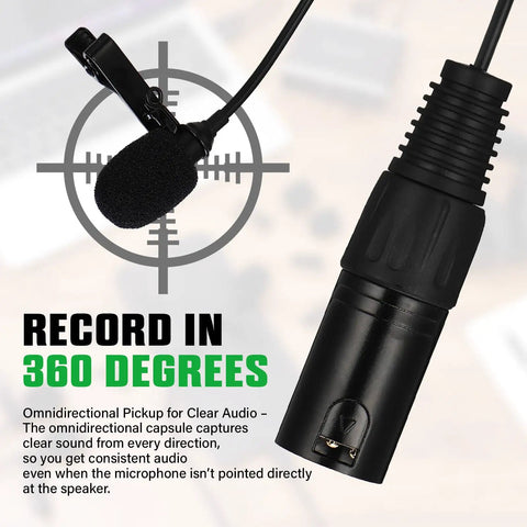 Close-up of Four Pack 3 Pin XLR Lavalier Microphone Kit With 6.56 Ft Cables showing omnidirectional mic and XLR connector.