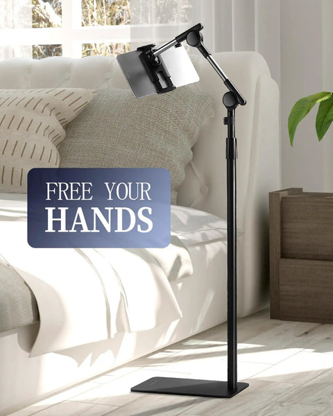 Versatile Height Adjustable Tablet Floor Stand With Dual Self Locking Gears And Straight Up Rock Solid Base Zero Shake Sixty Three Inch Reach For Tablets Phones Monitors Black adjustable stand in modern living room.
