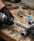 8-Piece Pipe Chamfering And Extractor Combo Set For 1/2 To 1 Inch Conduits With Heavy Duty Screw Remover Internal External Plastic Tube Threader Kit Plus Work Gloves Plumber Tapes For Smooth Fixes on gray PVC pipe