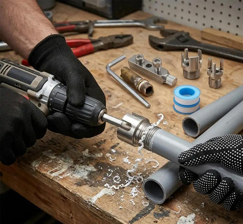 8-Piece Pipe Chamfering And Extractor Combo Set For 1/2 To 1 Inch Conduits With Heavy Duty Screw Remover Internal External Plastic Tube Threader Kit Plus Work Gloves Plumber Tapes For Smooth Fixes on gray PVC pipe