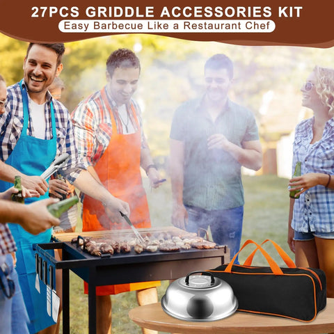 Blackstone Griddle Accessories Kit 27Pcs for Flat Top Grills with people BBQing, grill tools displayed, outdoors setting.