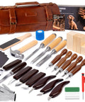 Knockout Wood Carving Kit With Thirty Five Pro Grade Tools And A Rugged Leather Roll featuring various knives and basswood blocks.