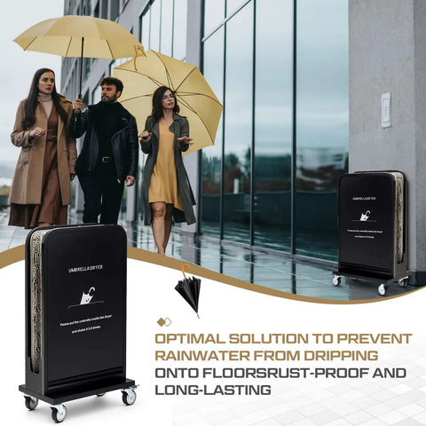 Heavy Duty Commercial Wet Umbrella Dryer With Rust Proof Finish And Removable Water Tray Plus Thick Absorbent Pads near entrance.