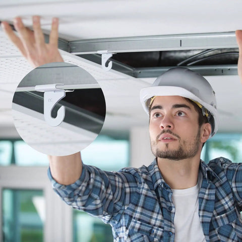 Man installing 120 Pcs Drop Ceiling Hooks for Hanging Clips T Bar Tile Hooks Aluminum Heavy Duty White Grid Clips in office.