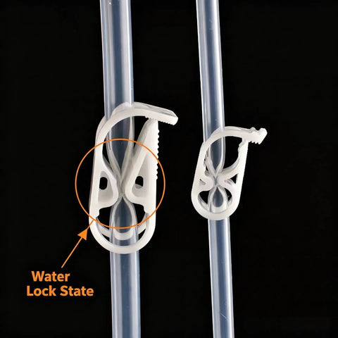 Ten Pack Plastic Tubing Clamps With Adjustable Flow Control For Quarter To Half Inch Tubes showing water lock state on clear tubes.