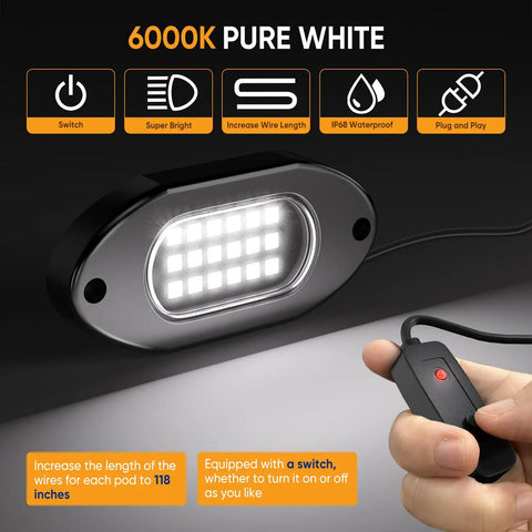 Pure White LED Rock Lights Kit For Trucks With 12 Pods 6000K White Lighting Switch Powered easy on off
