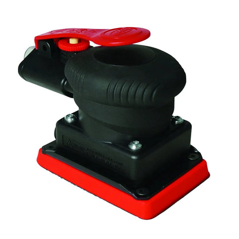 Onyx Jitterbug Random Orbit Air Palm Sander with soft grip, 3x4 inch base, black and red, lightweight design for smooth finishes