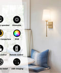 Wireless Battery Operated Wall Sconce Set Of Two With White Fabric Shade Remote Control No Wiring Dimmable Indoor Bedroom Vanity Lighting Bulbs Included Easy Setup Modern Slim Design mounted on wall next to window and chair