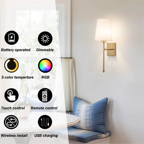 Wireless Battery Operated Wall Sconce Set Of Two With White Fabric Shade Remote Control No Wiring Dimmable Indoor Bedroom Vanity Lighting Bulbs Included Easy Setup Modern Slim Design mounted on wall next to window and chair