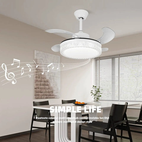 36 Inch Smart Retractable Ceiling Fan With Bluetooth Speaker for kids room, shown in a modern dining area, with music notes and RGB lighting.