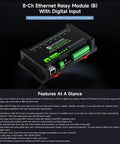 8 Channel Ethernet Relay Module With Digital Input And Modbus RTU TCP Support displayed on dark background
