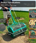 Person using a 24-inch metal mesh compost spreader roller for yard work, designed for even peat moss, compost, and topsoil distribution.