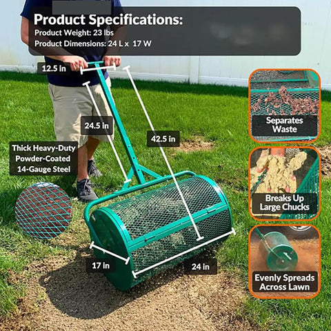 Person using a 24-inch metal mesh compost spreader roller for yard work, designed for even peat moss, compost, and topsoil distribution.
