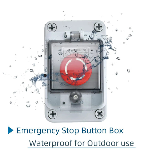 Front view of Emergency Stop Button Box 660V 10A Waterproof Outdoor Safety Switch for Industrial Use, IP67 weatherproof and impact resistant.