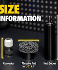 Pro Grade Wheel Hub Resurfacing Kit parts showing converter, abrasive pad 1/2" & 1", and hub socket with size info.