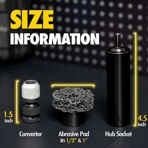 Pro Grade Wheel Hub Resurfacing Kit parts showing converter, abrasive pad 1/2" & 1", and hub socket with size info.