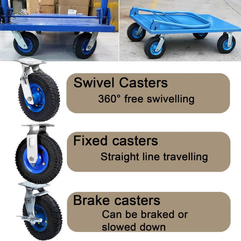 Heavy Duty Swivel Caster Wheels Featuring Grip Tough Inflatable Rubber Tires For Industrial Trolleys And Utility Carts Braked Fixed Modes Roll Smooth As Butter On Concrete display with swivel, fixed, and brake options.