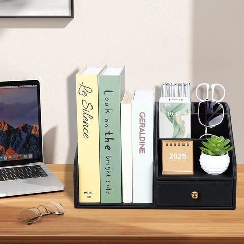 Premium PU Leather Desk Organizer With Drawer And Four Compartments Vertical File Holder And Magazine File Holder Desktop Office Storage In Sleek Black A Dope Gift For Men Who Have Everything, showcasing books, phone, and calendar.
