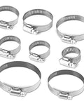 Hose clamps set, stainless steel worm-gear clamps, 40 pcs, 8-44 mm range.