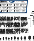 Internal Hex Flat Head Socket Set Screw Kit 400 Pieces 12 Size 12.9 Alloy Steel Black Grub Screws With 5 Hex Wrenches For Door Handles And Light Fixtures 1/8-40 To 5/16-18 displayed with screws and wrenches.