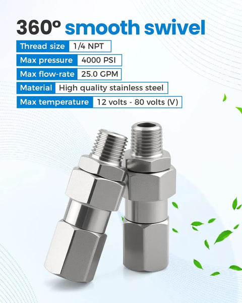 One Quarter Inch NPT Pressure Washer Swivel Fitting For Gun And Hose, 360 Degree Kink Free Connector, 4000 PSI, 2 Pack, Heavy Duty Metal Adapter For Leak Free Spray Gun To Hose Links And Smooth Rotation, 1/4 NPT stainless steel