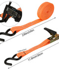 Close-up of Beefed Up 20 Ft Ratchet Tie Down Straps 6 pack with safety lock S hooks, soft loops, and measurement details.