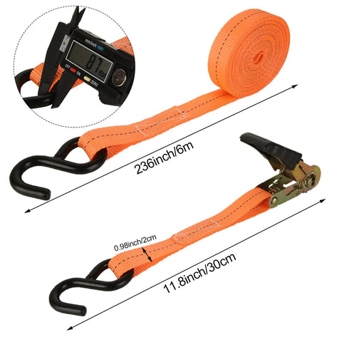 Close-up of Beefed Up 20 Ft Ratchet Tie Down Straps 6 pack with safety lock S hooks, soft loops, and measurement details.