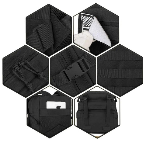 Detailed view of 45L Military Tactical Backpack With MOLLE System, showing zippers, buckles, straps, and interior pockets