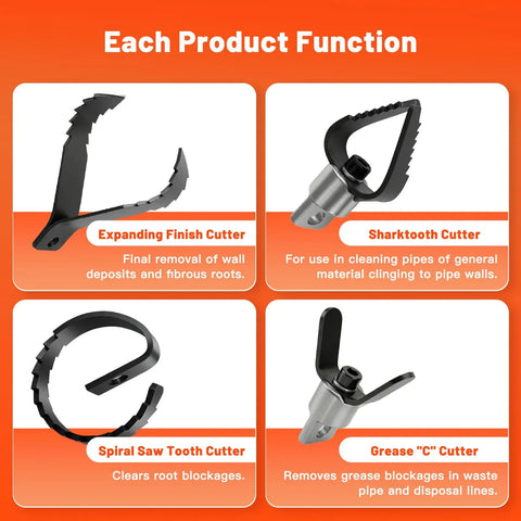 Features of 9 Pcs Drain Snake Drill Attachment Kit showing the cutter heads for removing various blockages.