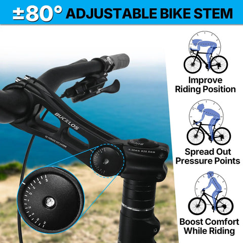 Adjustable Bike Stem 25.4mm 31.8mm for MTB and Road Bikes, shown in use, highlighting its 80 degree riser capability for comfort.