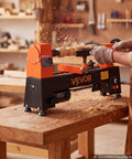 VEVOR Mini Benchtop Wood Lathe, 1/3 HP 8 X 13 Inch in action, shaping wood with shavings flying, perfect for DIY projects.