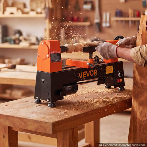 VEVOR Mini Benchtop Wood Lathe, 1/3 HP 8 X 13 Inch in action, shaping wood with shavings flying, perfect for DIY projects.