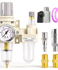 2 In 1 Oil And Air Regulator Filter With Lubricator Cup And Gauge, 1/4 Inch NPT Inlet, 1/8 Inch Gauge Port, 0-145 PSI, with accessories