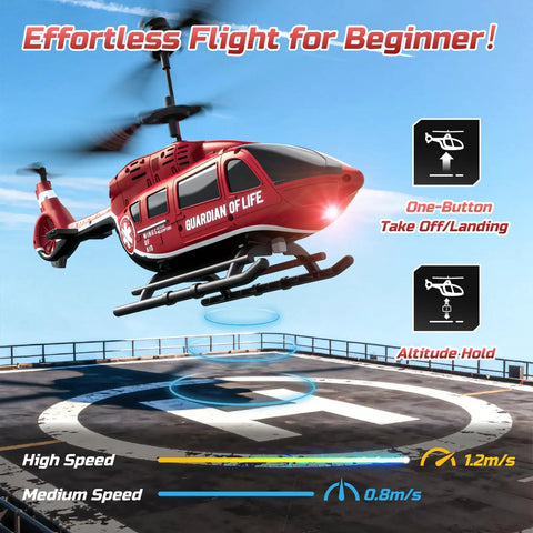 Rad Rescue RC Helicopter Toy With LED Lights And Altitude Hold hovering over helipad, featuring Guardian of Life design.