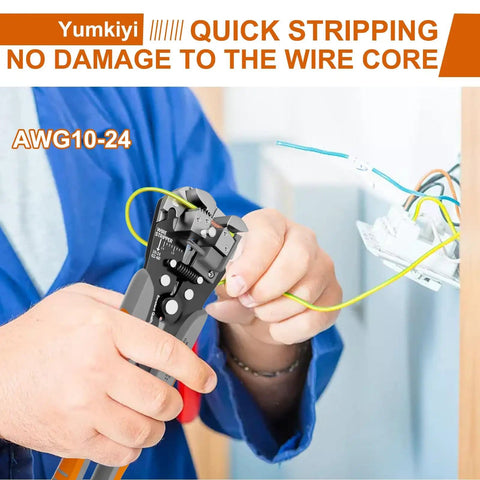 Self Adjusting Wire Stripper Tool 3 In 1 Cutter Crimping Heavy Duty Automatic For AWG 24 10 Quick Strip in use by electrician.