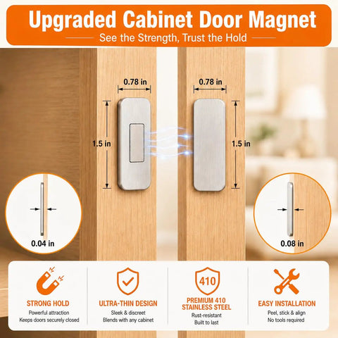 Ultra Thin Magnetic Cabinet Catch With No Drill Adhesive Mount showing dimensions and stainless steel finish on cabinet doors.