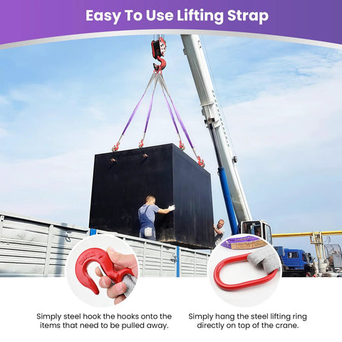 Lifting slings with hooks, two-leg polyester bridle sling in purple, 3.3 ft, 4409 lb capacity, lifting a large black crate.