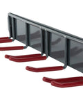 Heavy Duty Wall Mounted Ski And Gear Rack For Garage Storage, metal frame with red hooks for organizing ski sets and gear.
