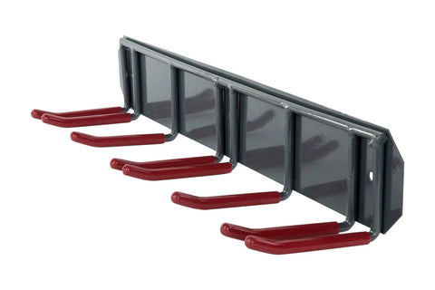 Heavy Duty Wall Mounted Ski And Gear Rack For Garage Storage, metal frame with red hooks for organizing ski sets and gear.