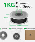 Genuine 1.75mm PLA Filament With RFID on reusable 1kg black spool shown in sealed box, vacuum packaging, diameter accuracy 0.03mm