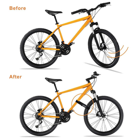 Before and after using 8 Pack Bike Rack Straps With Adjustable Stabilizers, 8 Inch And 26 Inch Lengths to keep wheels from spinning.