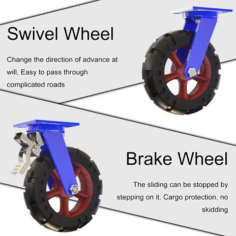 Set Of Four Heavy Duty Swivel Casters Featuring Quiet Rollin Rubber Tires And Rock Solid Plate Lock Brakes Engineered For Real World Heavy Lifting And Knockout Load Ratings showing swivel and brake wheels.