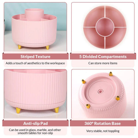 Pink 360 Degree Rotating Multipurpose Desk Organizer With 5 Slots Pen Holder for Art Supplies Office School and Home