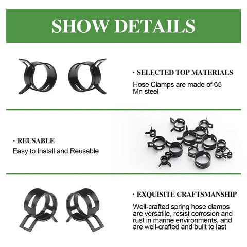 400Pcs Spring Band Hose Clamps Kit, 65Mn steel, various sizes, reusable and corrosion resistant for auto and marine use.