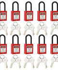 10 Pack Lockout Tagout Padlocks For Stations And Devices, Keyed Differently, Red Plastic Unibody Locks With Two Keys Per Lock
