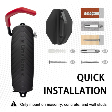 Rock Solid Swivel Bike Wall Mount Rack For Garage with quick installation guide showing masonry, concrete, and wall stud anchors.