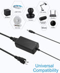 12V 5A LED Strip Power Supply, 60W AC to DC Adapter with 5.5x2.5mm DC Output Plug, shown with compatible devices.