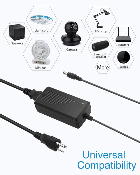 12V 5A LED Strip Power Supply, 60W AC to DC Adapter with 5.5x2.5mm DC Output Plug, shown with compatible devices.